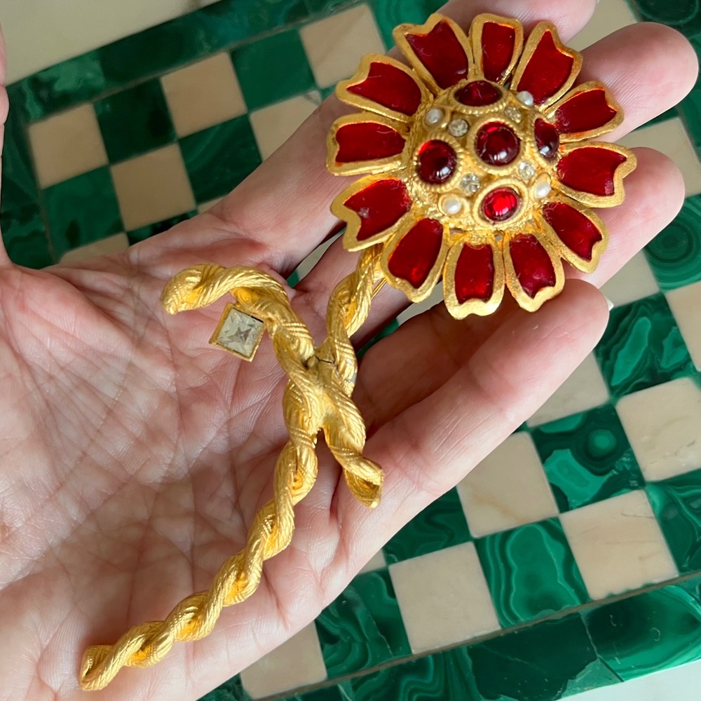 GERARD YOSCA GIANT 5 1/2” GOLD METAL RED ENAMEL CRYSTAL SUNFLOWER BROOCH SIGNED